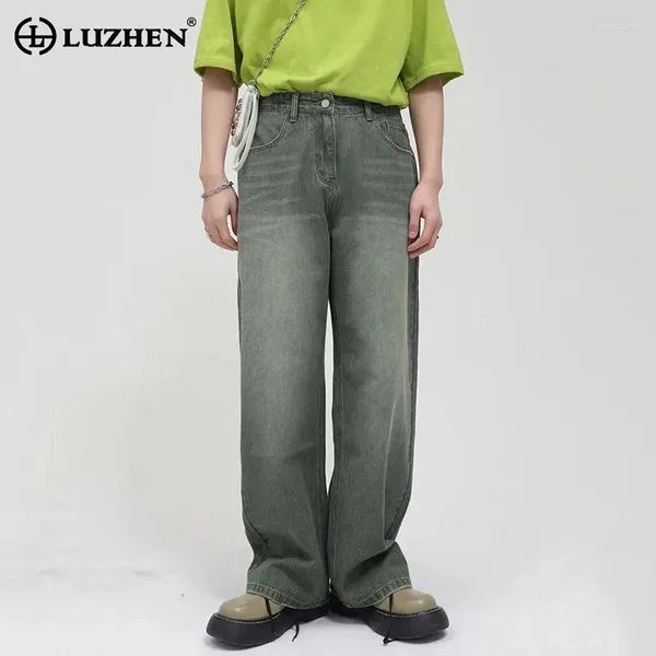 Herren Jeans Luzhen gewaschen ausgefranste mittel-taist lose grün gerade 2024 Spring Denim Long Hosen Korean Hosen 9A1081