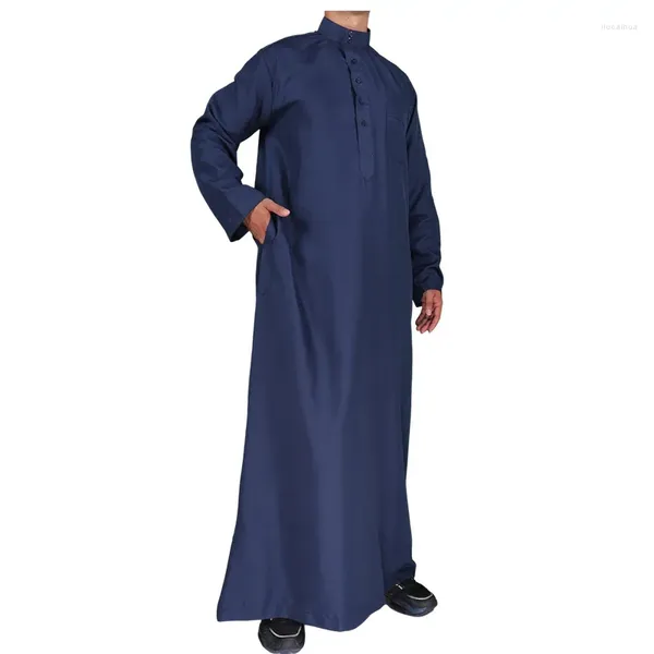 Uomini di abbigliamento etnico jubba thobe eid ramadan blu navy solido kaftano kaftano arabo musulmano islamico abaya poliestere djellaba prezzo marocchino qamis uomo