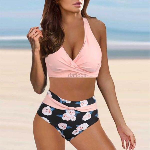 Women Beach Wear Floral Print Bikini Conjunto Sexy High Wistide Push Up Two Peça Termo -traje Vintage Retro Retro Vacation Beach Party Hawaii D240501