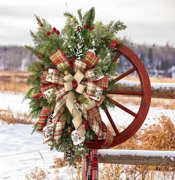 Flores decorativas grinaldas de Natal WrinalhsFarmhouses Red Wagon Wreath Wreath Garlands vintage para férias da porta da frente WR4416009