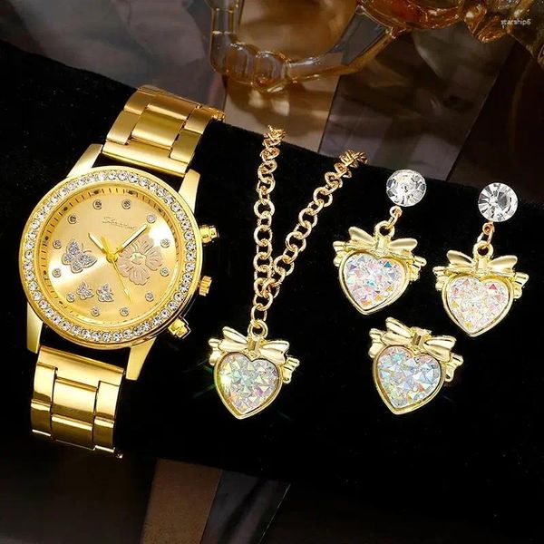 Principais relógios de moda Mulheres relógios de colar de coração Anel de brinco de strass Set Set Luxury elegante redondo senhoras quartzo Montre femme