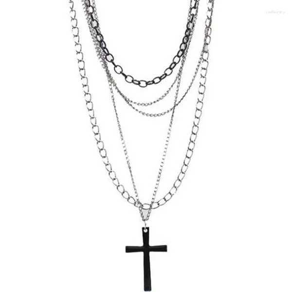 Anhänger Halsketten Design Mode Vintage Multi -Layer Schwarzes Kreuz Anhänger Gothic Long -Chain Halskette für Frauen Punk Hip Hop Schmuck Geschenk