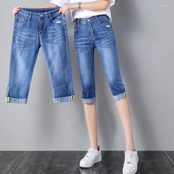 Jeans feminino 2024 verão mulheres joelhos jeans capri cálity alta cintura magra e trecho de perneiras impressas sem costura shorts