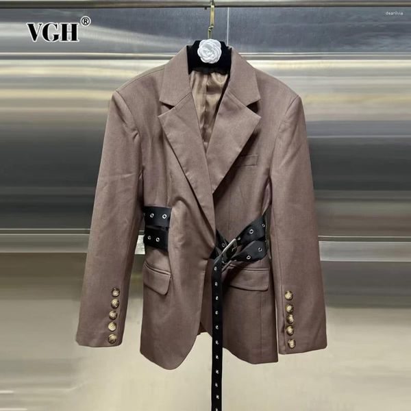 Frauenanzüge VGH Temperament Patchwork Knopf Feste Blazer für Frauen gekerbten Kragen Langarm Spleiß Gürtel Slimmming Blazer Weibliche Stil