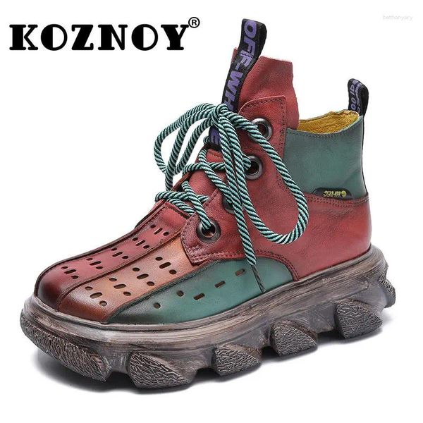 Botas Koznoy na vaca étnica de 6cm feminina, tornozelo de couro genuíno Summer Hollow Hollow Mocassin Luxury Elegância Sapatos de Moda