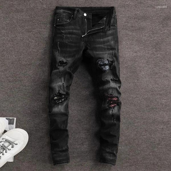 Jeans masculinos High Street Moda Men retro preto cinza trecho magro skinny raspado bandana patched designer hip hop calça