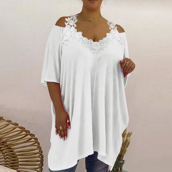 Time tuniche visini in pizzo plus size da donna estate spalla fredda casual camicia sciolta di oversize abiti da moda vestiti 2023 240419