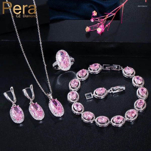 Серьги ожерелья устанавливают Pera Sweet 4 PCS Овальный розовый CZ Crystal Long Drop Круглый подвесной костюм для женщин для женщин J131 J131