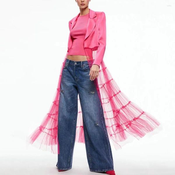 Lässige Kleider Feste Farbanlagenkleider elegantes Mesh Patchworkmantel für Frauen Turndown-Kragen-Strickjacke mit A-Line-Silhouette-Bühne