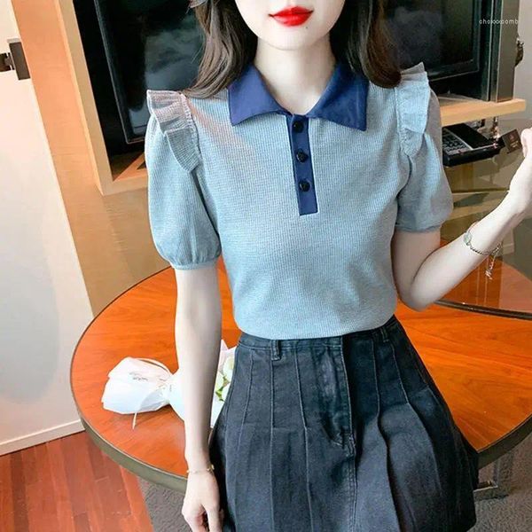 Polos da donna Summer Polo Collar Fashion Short Short Short Shirts Women High Street Casual Pullover Slim Pulsante Edible Troop