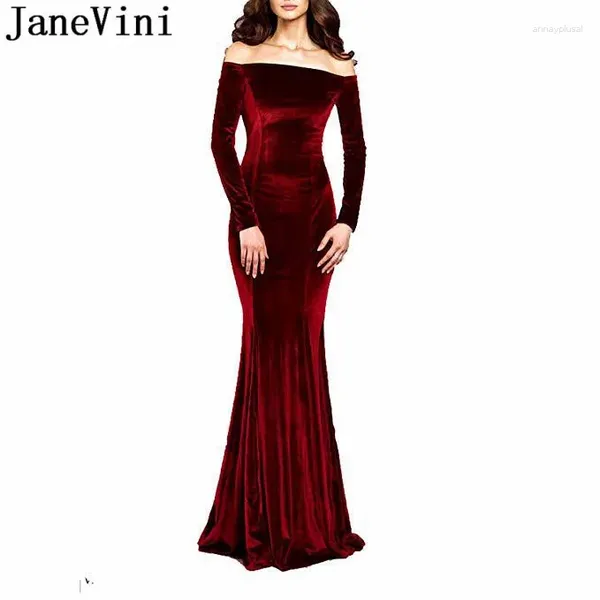 Vestidos de festa Janevini 2024 Borgonha baile de manga longa vestido de veludo para a sereia de sereia de grande tamanho, vestido de gala de ombro