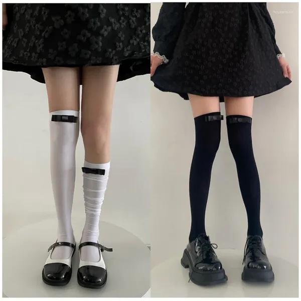 Frauen Socken Bogenknoten Feste Farbe Schwarz weißes Mittelkalb für Frauen süße Lolita Kawaii Cosplay Nylon Strümpfe Ladies Girls