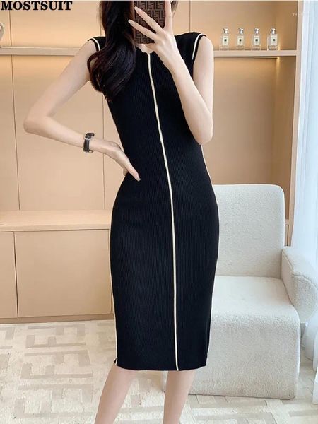 Lässige Kleider Sommer Schwarzer Strickkleid Kleid Frauen schlank elegant stilvolle grundlegende Bleistifthälfte ärmellose Arbeitskleidung Office Ladies Vestidos Mujer