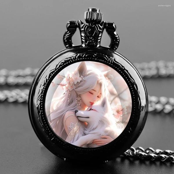 Orologi tascabili Anime Genshin Impatto Cosplay Orologio Quarzo per le donne Nera Collana Black Collana unica Accessori regalo per catena dell'orologio