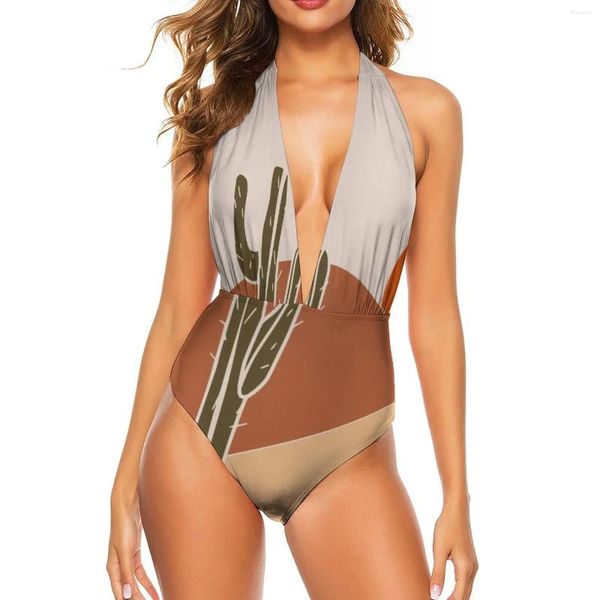 Menas de banho feminina desenho de desenho do deserto de maiô Sun Corner Cactus push up sexy One Piece v pesco