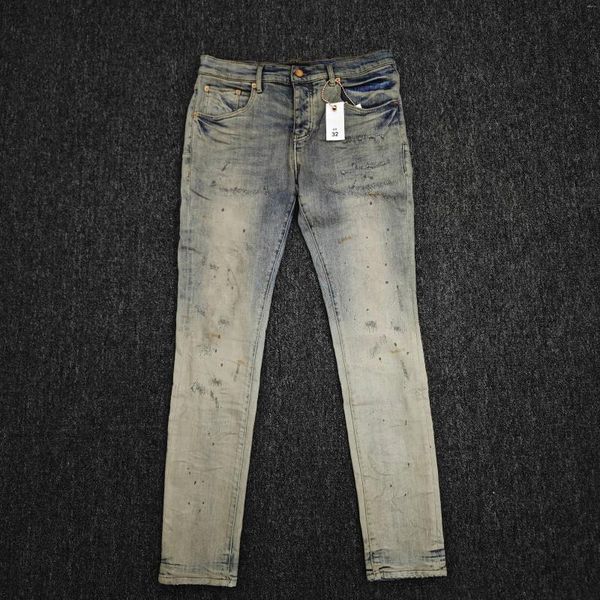 Jeans da uomo viola basso aumento in indigo riparazione gradiente di candeggino high street americano marchio maschio marchio prezzo di fabbrica