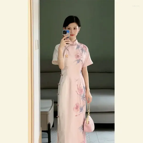 Этническая одежда 2024 Китайский атласный принт улучшенным платье Cheongsam Женское лето -восточное стиль элегантный темперамент нежная длинная юбка