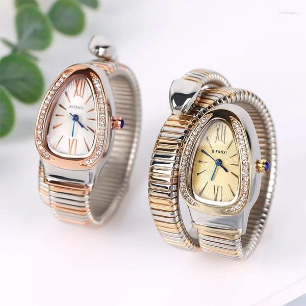 Relógios de pulso 2024 Drop Shining Diamond Fashion Quartz Watch for Women Snake Design Two Loop Bracelet Watches Gold Reloje para Mujer