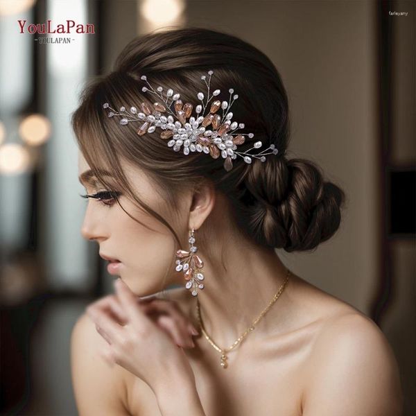 Clip per capelli Topqueen Orecchini da copricapo di perla da sposa fatti a mano in perla sposa Shiny Rhinestone Comb Tiara per sposa da sposa con cristallo HP177