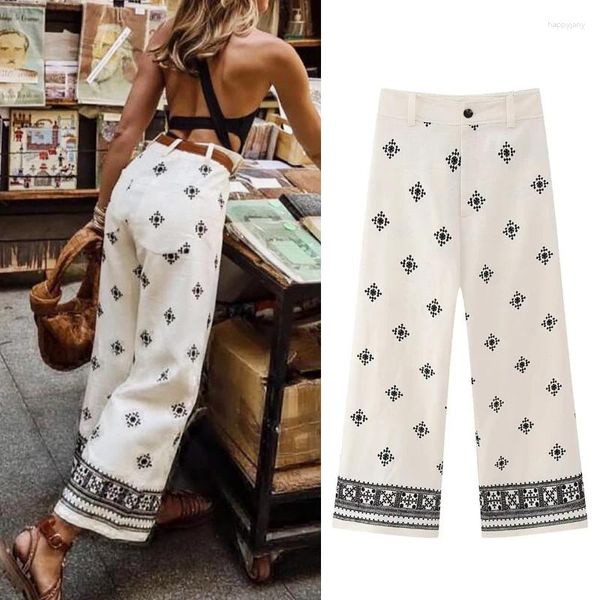 Pantaloni da donna boho summer beach pantaloni lady casual high wipen lino cotone pantalone vintage ricamo floreale etnico vintage largo gamba per donne