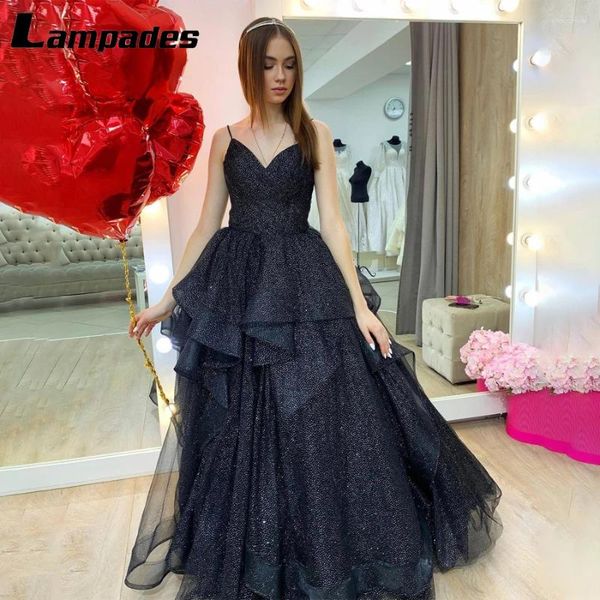 Vestidos de festa espaguete tiras de babados com vestido de baile de baile de baile de baile preto e glitter elegante para mulheres formais