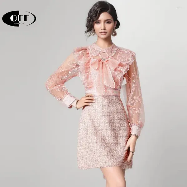 Abiti casual Off Designer Girl Girl Sweet Pink Patchwork in pizzo ricamato in tweed collare mini per donne abiti di lusso in passerella ropa