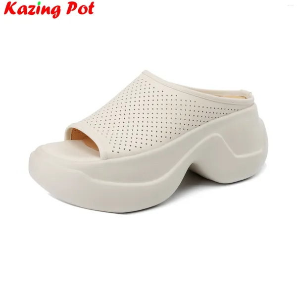 Sandali krazing pentola in pelle cuoio peep di punta slittamento sul tallone alto slingback traspirante muli concisi vetrini casual piattaforma solide donne donne