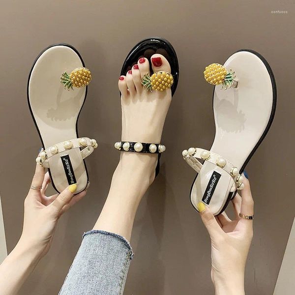 Terlik Lüks İnci Bant Flip Flops Kadın Altın Boncuklar Ananas Japonca Deri Klip Ayak Ayak Teenslippers Yuvarlak Topuklu Slaytlar Y966