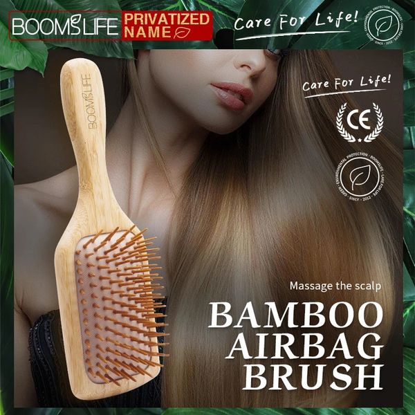 Nome personalizado Esfoliar Brush de bambu Womens Wide Toothen Bamboo Pente usado para massagem capilar-cabelos anti-estática pente 240429