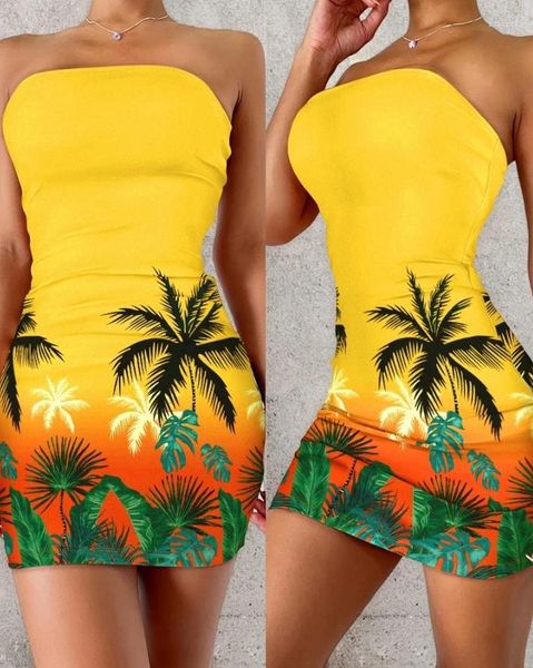 Lässige Kleider Sommer Damen Tropical Print Bandeau Bodycon Kleid Temperament Pendeln weibliche Modeurlaub dünne