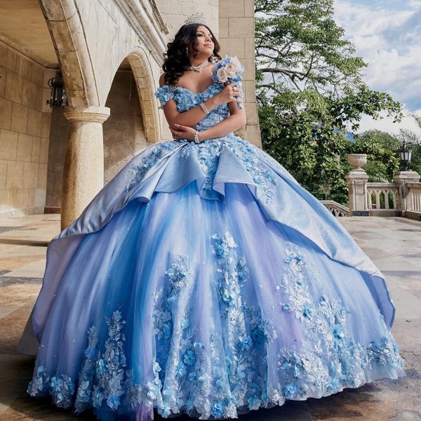 Sky Blue Quinceanera Платье с плечевого кружевного аппликации блестки с бисером Tull Mexican Sweet 16 vestidos de xv 15 anos день рождения