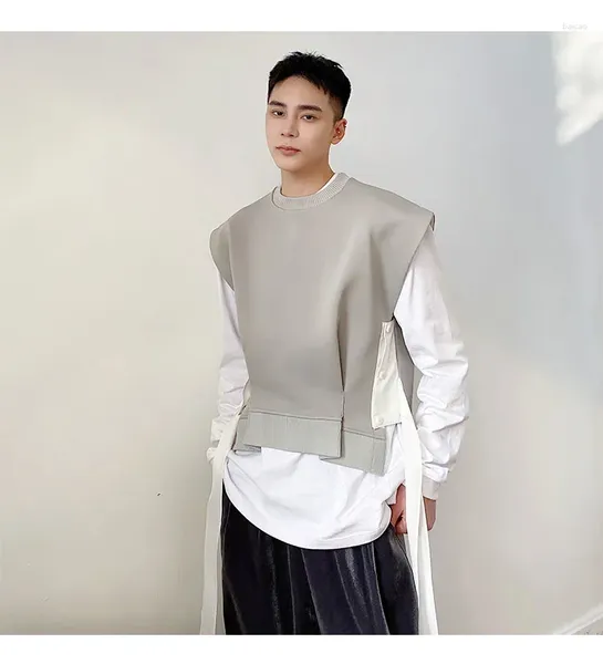 Coletes masculinos maré coreana maré fita personalizada redonda colet de pescoço tendência de outono de nicho de nicho de nicho da moda Design de cintura cinza