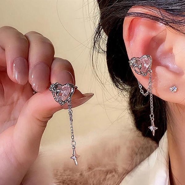 Brincos de garanhão 1PCS/1Pair Pink Crystal Heart Star Tassel Ear Clip for Women Girl Vintage Non Piercing Mangue