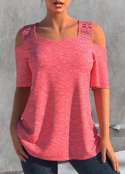 2024 Donne Fashion L5XL Tshirt rosa Magliette casual Cucioni in pizzo Stitch per spalla fredda a maniche lunghe Plus Le cime estive 240419