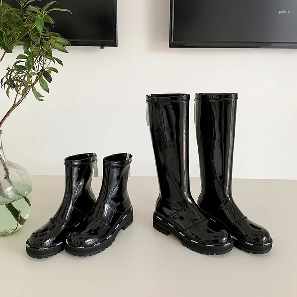 Stiefel Patent Leder Schwarz Frauen Plattform Knie High Brand Designerin weibliche Freizeit Trend Chunky Heels Long de Botas