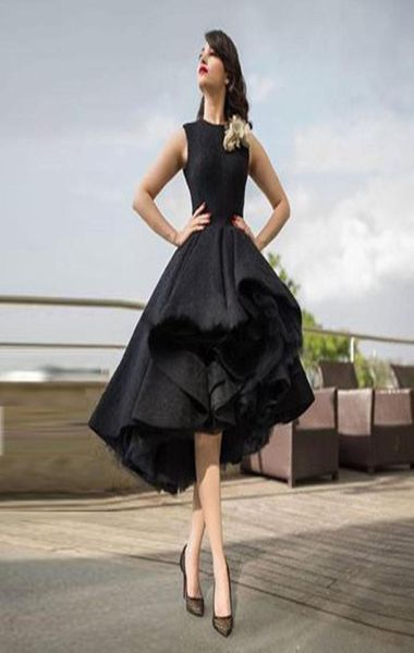 2016 Krikor Jabotian Black Night Vestres Jewel Lace Tea Length Satin Ruffles vestidos de baile vestidos de baile de alta saia baixa vestidos de festa2494526