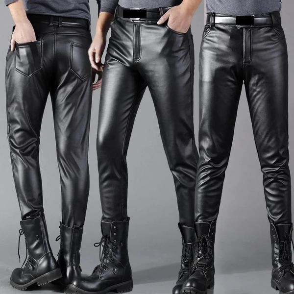 Männer Lederhose Skinny Fit Elasti Mode PU Lederhose Motorradhosen Nass Look Stretch Faux Leder Streetwear 240424