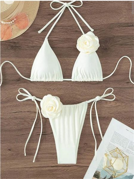 Сексуальные бикини набор женщин купания 2024 Черно белый 3D цветочный принт микро бикини бразильский пляжный купальный костюм для купальника 240425