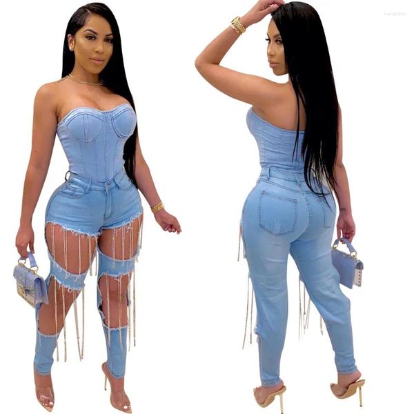 Jeans feminino 2024 Sexy Broken Hole Design Clube Lady Clube Denim Lápis Fashion Tassel Tassel Trendy Good Quality Mulheres chiques