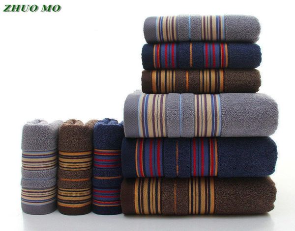 Zhuo Mo 3Pieces padrão de faixa mais grossa Toalha de algodão macia Conjunto de banheiro super absorvente toalha de banho azul toalhas marrom cinza T2006648250