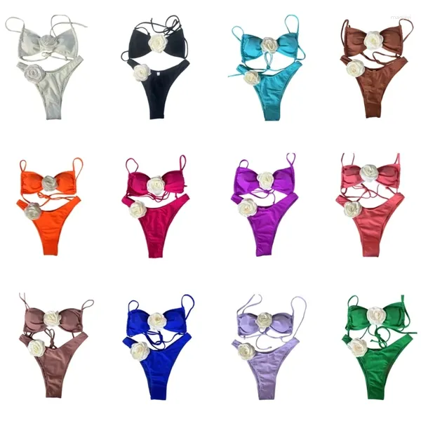 Costumi da bagno femminile Donne 3d fiorili da bagno a fiori di colore solido due pezzi abitazioni da bagno split lady sexy push up bikinis set di bikini da abbigliamento da spiaggia