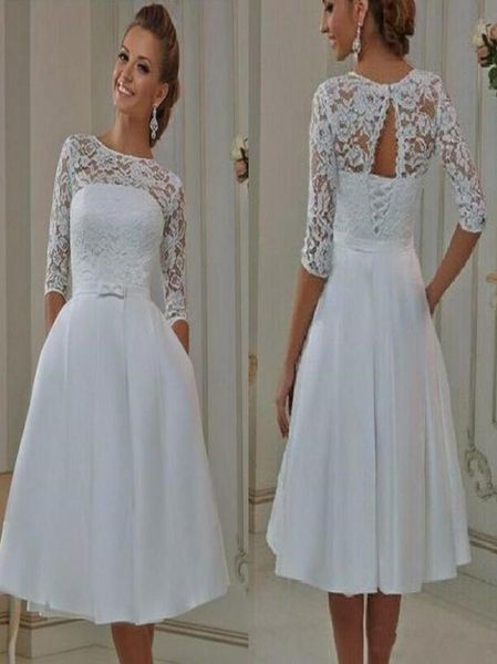 2019 Kısa Bir Çizgi Dantel Yarım Kollu Gelinlik Gelinlik Gelinlik Gelin Gowns Mücevher Boyun Hizmetçisi Onur Dress9042702