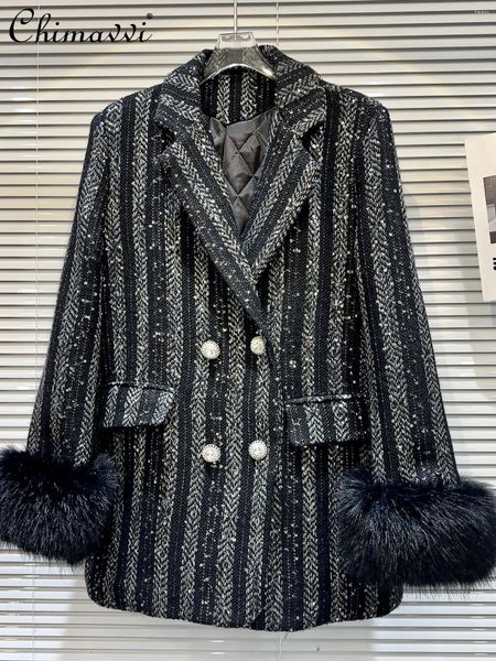 Ternos femininos Blazers 2024 Winter High-end Furry Drilling Tweed Puffer Jacket Moda