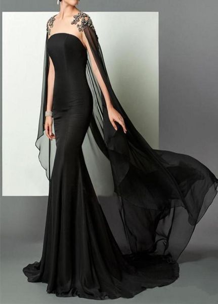 2020 Abiti da sera formali arabi sirena neri Elie Saab con perline Chiffon con Cape African Gown Gown Celebrity Dres6265802