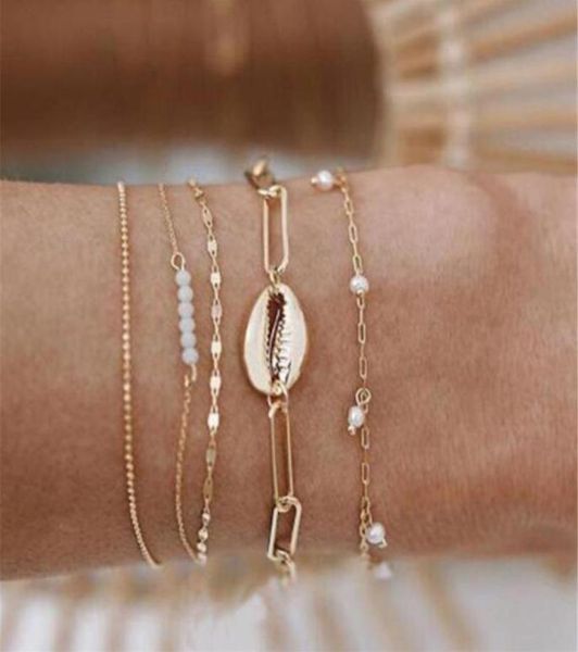 Bağlantı zinciri 5pcs kadın bilezikler set çok katmanlı metal kabuk boncuklar altın zincirleri boho bilezik femme antika plaj anklet mücevherler ACC67810707