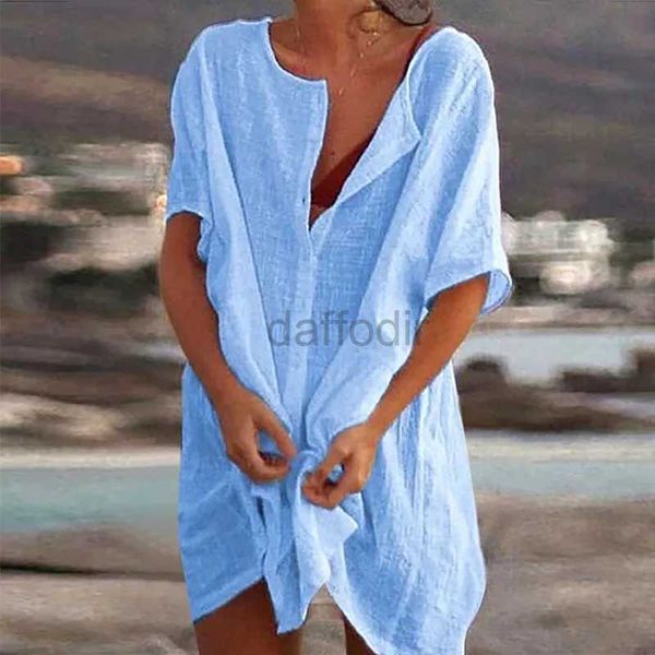 Women Beach Wear 2024 Women Cotton Cover Up Badebode Heiße sexy Strand Badeanzug Cover-Ups Casual Short Sleee Long Bluse Solid Color Beach Kleid D240501