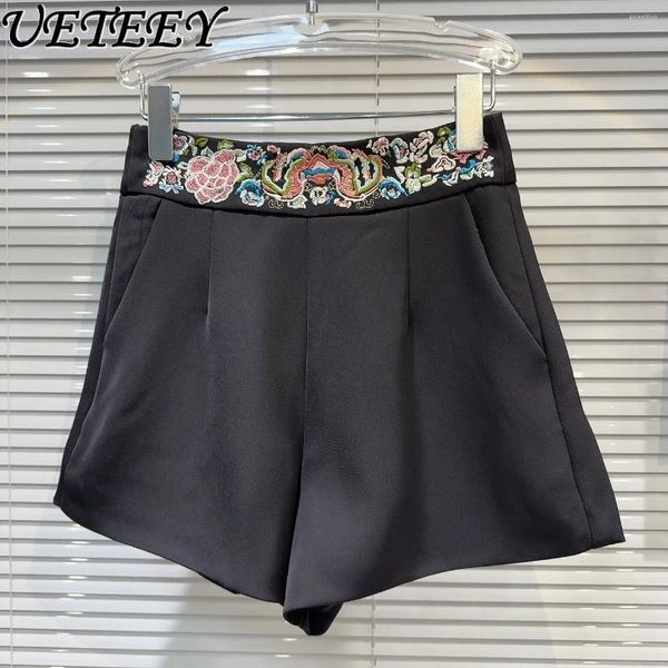 Shorts femininos estilo chinês flor bordado artesanal cintura preta para mulheres combina calça curta feminina 2024 motociclista de verão