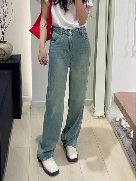 Jeans femminile fiords sorridere ricamo gamba larga donna causale lavata larga alla vita vintage alta strade streetwear corean pantaloni in denim