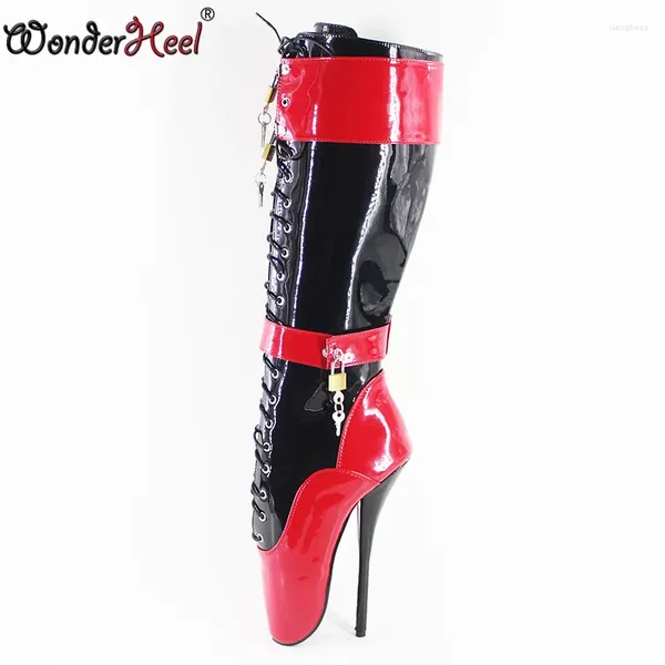 Botas Wonderheel Ultra High Heel 18cm Stoneto Black and Red Patente Mulheres Knee Padlocks Sapatos de moda de fetiche de balé
