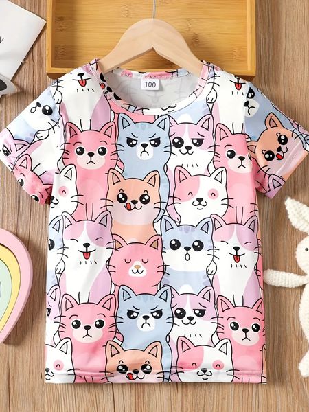 Girls per bambini carino cartoni animati gatto panda grafico a stampa 3d tshirt casual rotonde tops kids fashion summer abbigliamento 240416